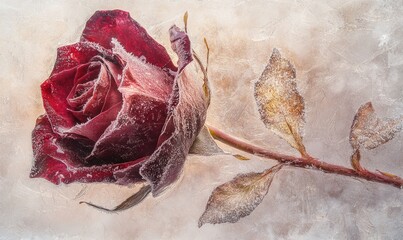A rose is frozen in ice