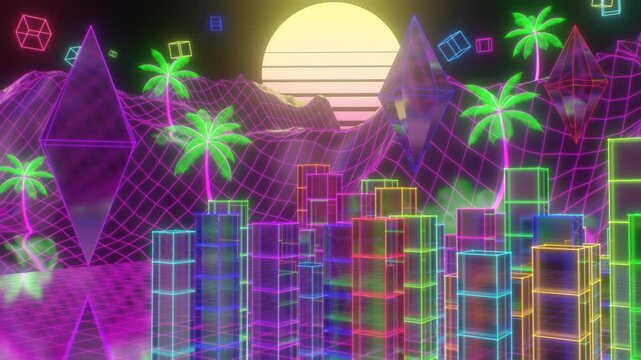Vaporwave Neon Landscape With Palm Trees Retro Sun And 3D Octahedrons - 4K Seamless VJ Loop Motion Background Animation