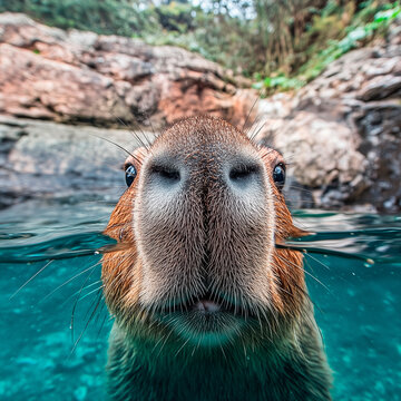 portrait of a copybara in the water, front view