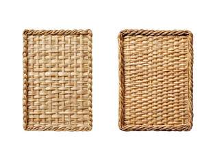 Rectangular woven rattan mat with a braided edge, featuring natural fibers and traditional weaving techniques. Perfect for home decor or kitchen use. Isolated on transparent background, png.