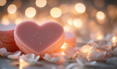 Fototapeta premium A heart shaped dessert is on a table with flowers