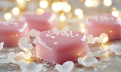 A pink heart shaped dessert with white sugar on top