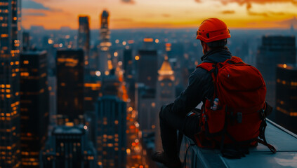 A worker wearing an orange helmet and carrying a red backpack sits on the edge of a skyscraper looking out at the city lights burning during a vibrant sunset.