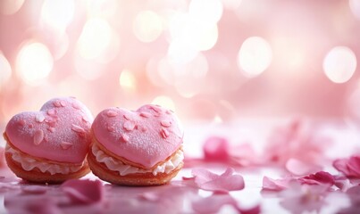 Two pink heart shaped pastries on a table