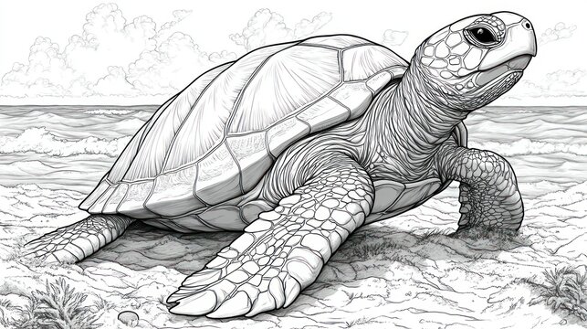 Detailed line drawing of a sea turtle on a beach.