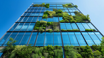 Low-angle view of a modern eco-friendly skyscraper with lush vertical gardens and reflective glass facade