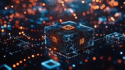 Futuristic digital cube surrounded by vibrant glowing data streams and network connections.