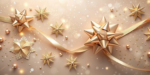 A festive arrangement of gold bows and stars on a shimmery beige backdrop, creating a visually stunning and elegant holiday scene.