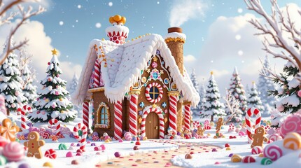 Enchanted gingerbread house in a snowy winter wonderland. Festive Christmas scene with candy canes, sweets, and twinkling lights. Perfect for holiday cards, websites, and more