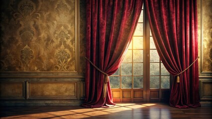 Sunlight streams through a parted crimson curtain, casting warm light on the ornate wooden walls and floor of an opulent room.