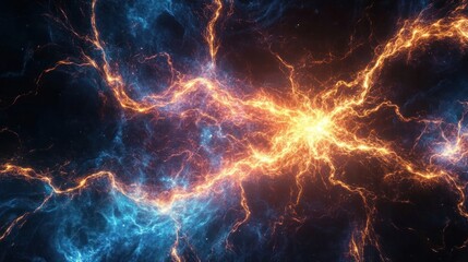 Fototapeta premium Vibrant Cosmic Energy Burst with Electric Orange and Blue Lightning in a Stunning Abstract Space Design