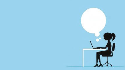 A silhouette of a woman thinking while working on a laptop at a desk.