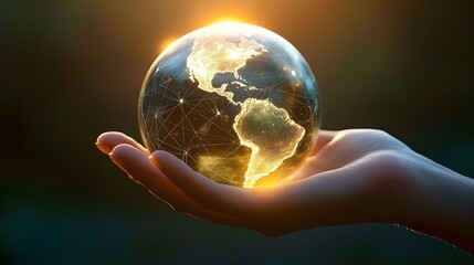 A hand cradling a globe, surrounded by a network of bright lines, signifying global connections and an emphasis on environmental care.


