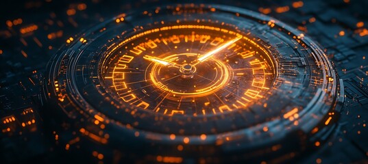 Fototapeta premium A futuristic image of a digital clock with glowing hands, representing time management in business