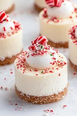 Mini Cheesecake with Peppermint Topping and Red Sprinkles on a Light Background Ideal for Holiday Treats and Festive Desserts Recipes