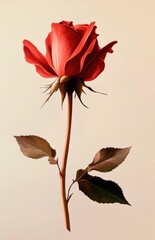 A red rose with a green leaf on the stem