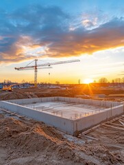 Beautiful Sunset Over a Construction Site Featuring Crane and Foundation with Clear Sky, Barren Land, and Equipment During Golden Hour