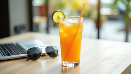 Refreshing summer beverage with a slice of lemon and straw on a wooden table, suggesting relaxed workdays or "Summer Fridays".