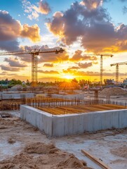 Construction Site During Sunset with Cranes and Cloudy Sky Showcasing Concrete Foundations and Building Materials in a Developing Urban Area