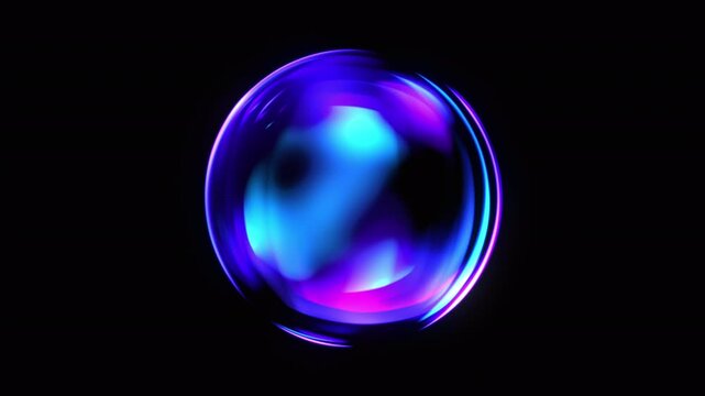 Neon glowing futuristic 3d sphere. Vibrant blue and purple 3d orb rotating and reflecting on black. Future technology, artificial intelligence, big data, engineering, and virtual assistant concept. 4k