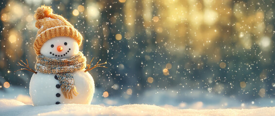 Winterurlaub Weihnachten Hintergrund Banner - Nahaufnahme von niedlichen lustig lachenden Schneemann mit Wollm&uuml;tze und Schal, auf verschneiten Schnee Schneelandschaft mit Bokeh Lichter, von der Sonne 