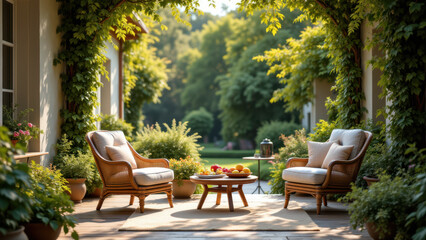 Obraz premium A serene garden patio setting with a wooden table and chairs, surrounded by lush greenery, inviting for relaxing summer afternoons.