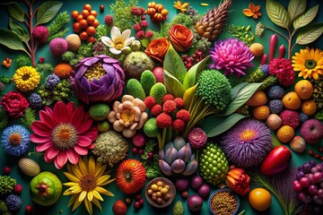 Fototapeta premium Vibrant 3D Render of Various Plants and Flowers Displayed on a Clear Background for Food Photography and Botanical Decor Inspiration