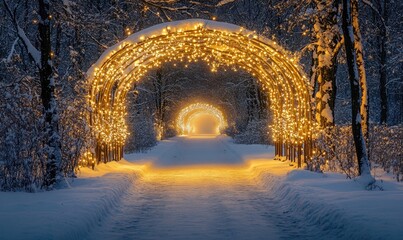 Obraz premium A walkway with lights is lit up in the snow
