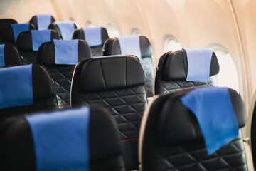 Obraz premium Airplane seat headers, airplane equipment, airplane travel, going on vacation