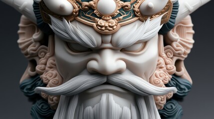 Obraz premium A detailed sculpture of a fierce guardian figure with intricate designs and vibrant colors, Suitable for illustrating themes of protection, culture, or mythology in creative projects or articles,
