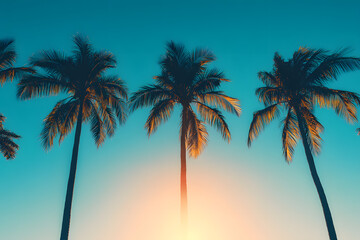 Obraz premium Tropical sunset with tall palm trees against a vibrant sky, creating a relaxing summer vacation vibe, perfect for travel, nature lovers, and exotic beach destinations