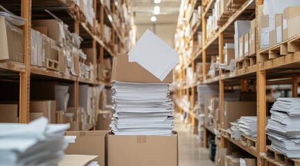 Obraz premium Stacks of Paper and Cardboard Boxes in a Busy Warehouse with Shelves Full of Organized Office Supplies and Inventory in a Well-Lit Environment