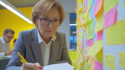 Elderly woman in professional suit, leading team brainstorming session, vibrant office space, colleagues taking notes, business leadership concept, experienced senior worker in collaborative work