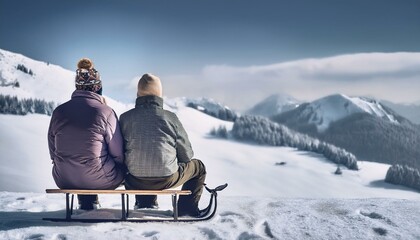 two adults sitting on one sled against the background of a snow-covered ski slop