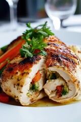 Juicy Grilled Chicken Breast Stuffed with Colorful Vegetables Served with Fresh Parsley Garnish on a Stylish Plate in a Restaurant Setting