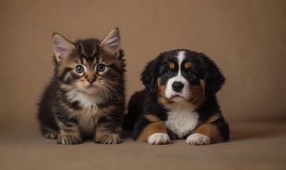 Fototapeta premium A Bengal kitten and a Bernese Mountain Dog puppy sitting on a soft neutral background