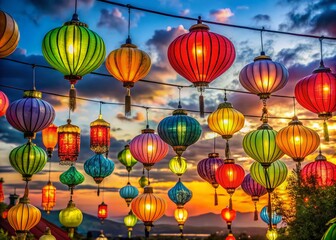 Vibrant and Colorful Lanterns Hanging on a String Against a Festive Background, Perfect for Celebrations and Cultural Events, Capturing the Essence of Joy and Togetherness