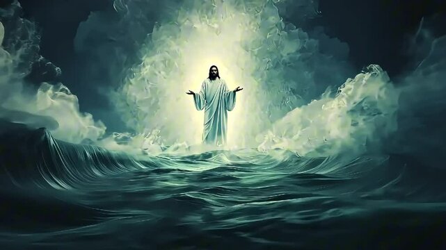 Jesus Christ walking on water in a serene, mystical scene surrounded by glowing light, representing miracles and faith

