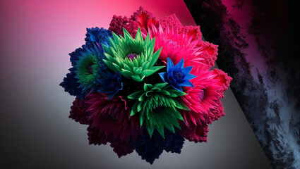 a high-contrast, cinematic photograph of a futuristic geometric bouquet design, where each intricately detailed flower forms a perfect fractal pattern, with sharp, vibrant colors such as electric blue