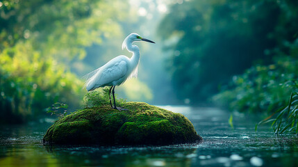 Obraz premium White Egret Standing on a Moss-Covered Rock in a Tranquil Forest Stream
