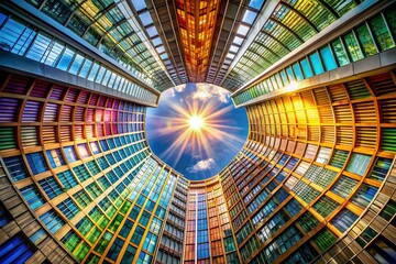 Vibrant Architectural Photography of a Circular Sun Ray Frame Illuminating a Modern Building Facade with Colorful Patterns and Shadows in a Dynamic Urban Landscape