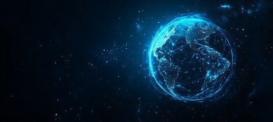 Fototapeta premium A futuristic image of a digital globe with interconnected business hubs, set against a dark background with glowing elements