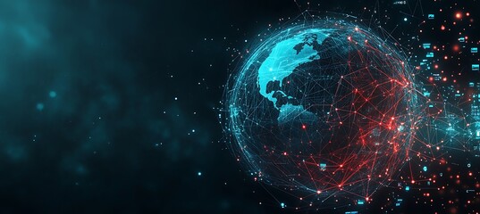 Fototapeta premium A futuristic image of a digital globe with interconnected business hubs, set against a dark background with glowing elements