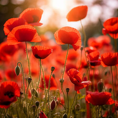 Obraz premium photo poppies blooming red poppies in a clearing beautiful spring flowers with selective blur soft focus red floral design or frame