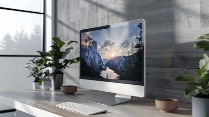 Fototapeta premium Modern Workspace with Computer and Scenic Landscape Display