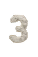 A crocheted number 3 in white yarn, isolated on a white background.