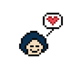 Obraz premium Cute pixel cartoon 8bit character man feel love happy happiness heart emotion lifestyle decoration life style 8 bit male boy happy favorite like mood game isolated PNG vector.