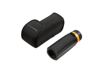 A black and orange monocular telescope with a textured grip, isolated on a white background.