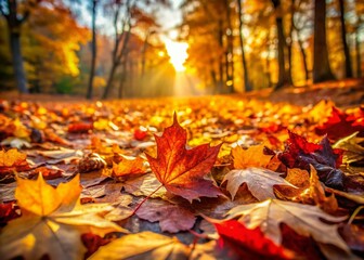 Fototapeta premium Vibrant Autumn Foliage: A Captivating Scene of Fallen Leaves Blanketing the Ground in Rich, Warm Colors of Fall, Showcasing Nature's Stunning Transformation During Autumn Season