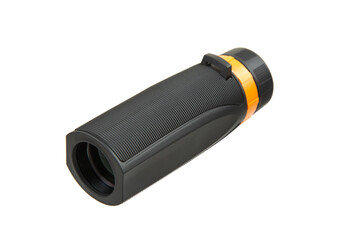 A black and orange monocular telescope with a textured grip, isolated on a white background.